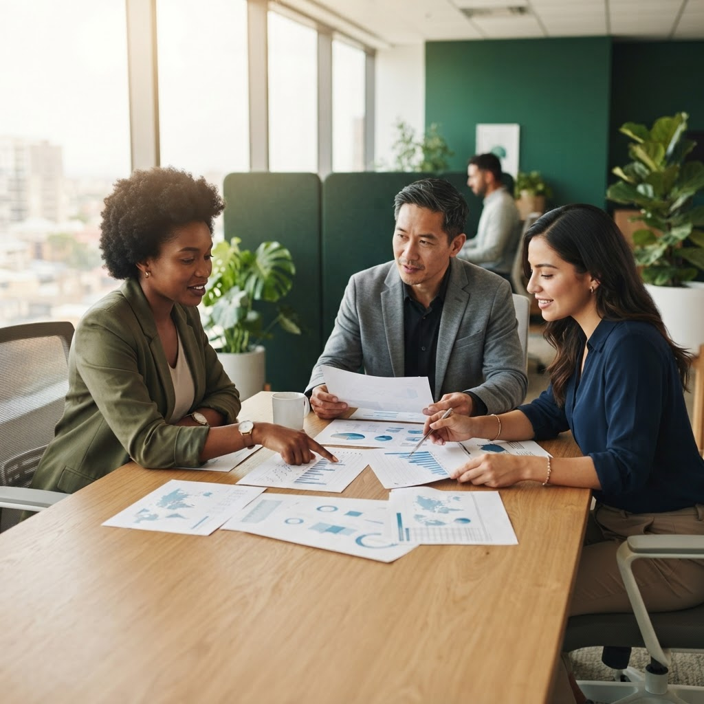 Equipo de consultores profesionales colaborando en una oficina moderna