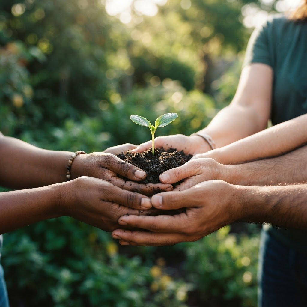 Manos de personas sosteniendo tierra fértil con una pequeña planta que brota, símbolo de crecimiento e impacto social